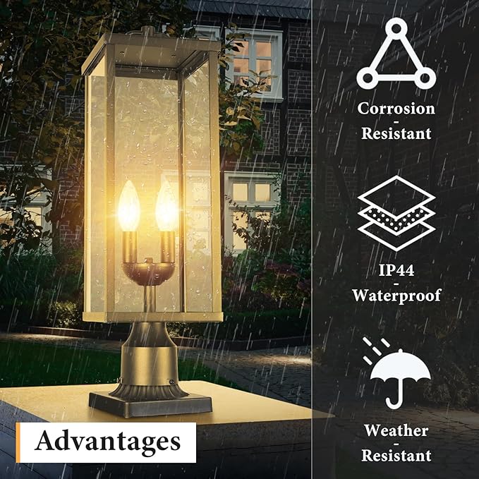 Outdoor Post Light Fixture, 20 Inch Tall Modern Exterior Square Pillar Lantern with Black Finish & Clear Glass, Transitional Pier Mount Lamp, Pole Light for Garden, Backyard, Patio, Pathway