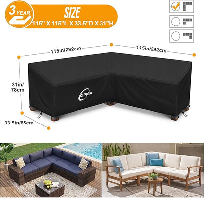Kipiea Patio V-Shaped Sectional Sofa Cover, 420D Heavy-Duty Oxford Fabric Outdoor Sectional Cover with 6 Windproof Buckles, Anti UV and No Tears, No Fading (115"/115" L x 33.5" D x 31" H) Black