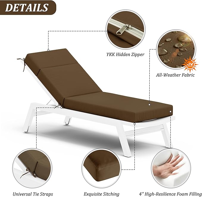 Chaise Lounge Cushion for Outdoor Furniture, Waterproof Fade and Tear Resistant Lounge Deck Chair Cushions for Patio Lawn Pool Resort Hotel