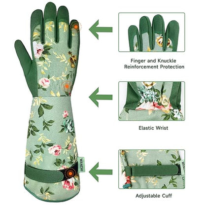 Garden Gloves, Long Sleeve Leather Gardening Gloves for Yard and Gardening Work, Gardening Gifts for Women, Cute, Comfortable, Durable, Green Print (Small)