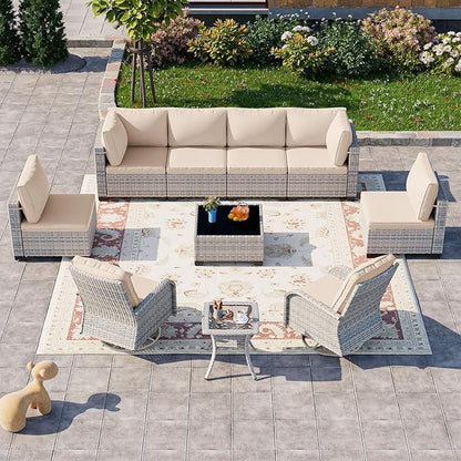 10-Piece Patio Furniture Set, Outdoor Patio Furniture with Swivel Chairs Set, Thick Cushions, Modular Patio Sofa, Dual-Strand Wicker Rattan, Rust-Resistant Frame, Sand
