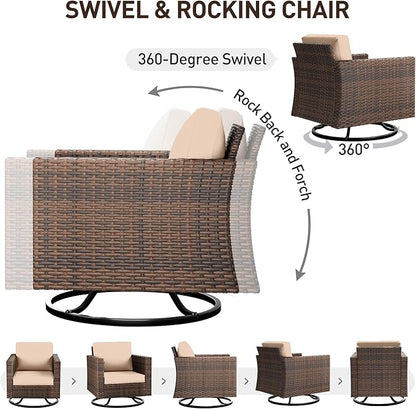 UDPATIO Patio Furniture Set, 6 Pieces Outdoor Furniture Sets with Rocking Swivel Chairs, Wicker Rattan Outdoor Conversation Set with Storage Table and Waterproof Covers for Backyard Deck Porch, Khaki