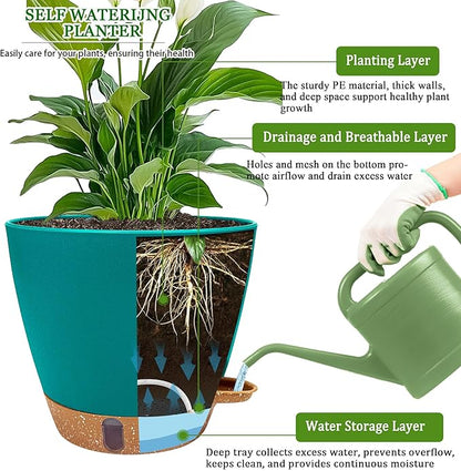 2 Pack 8 inch Plant Pots, Plastic Self Watering Planters with Drainage Holes, Deep Reservoir, Water Level Indicator, Modern Decorative Flower Pots for Indoor Outdoor Plants (Turquoise)