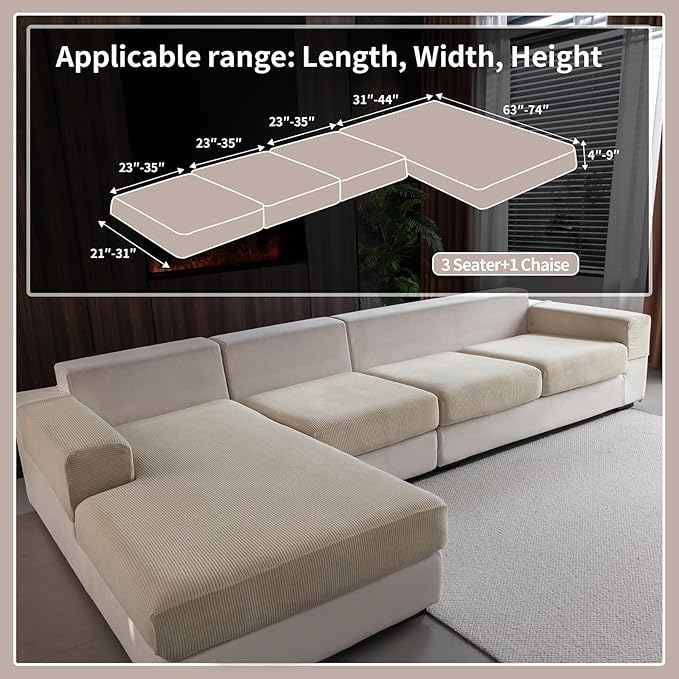 OHSIO Sectional Couch Covers, Wear Resistant Stretch Sofa Covers Washable Soft Couch Cushion Covers Anti Slip Furniture Protector Sofa Slipcovers for Pets(4 Pieces 3 Seaters+1 Chaise, Light Brown)