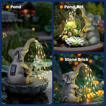 Solar Garden Outdoor Statue with 30 LED Lights - Lawn Decor Elephant Figurine for Patio, Balcony, Yard Ornament - Unique Housewarming Lucky Elephant Mother Gift