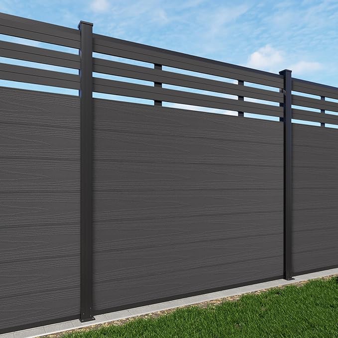 Mondaria Semi-Closed Privacy Fence Panels with 1 Post for Outside, 6ft(W) x 6ft(H), Wind Resistant Wood Plastic Composite Fencing Panels for Patio, Backyard, Garden and Pool, Silver Gray