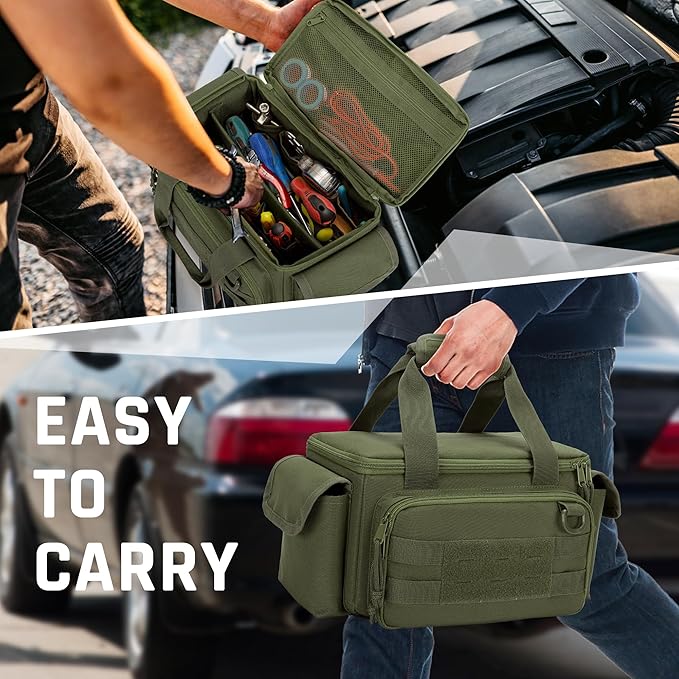 Rexmica Small Tool Bag with Anti-friction and Thick Padded Bottom, Tool Storage Organizer for Men, Tactical Range Bag, Multi-functional Work Bag for Repairman, Electrician, Carpenters (Green)