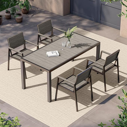 Outdoor Dining Set, Patio Table and Chairs of 4, Aluminum Outdoor Furniture Set with Umbrella Hole, HDPS Patio Dining Table Set for 4 (Gray)