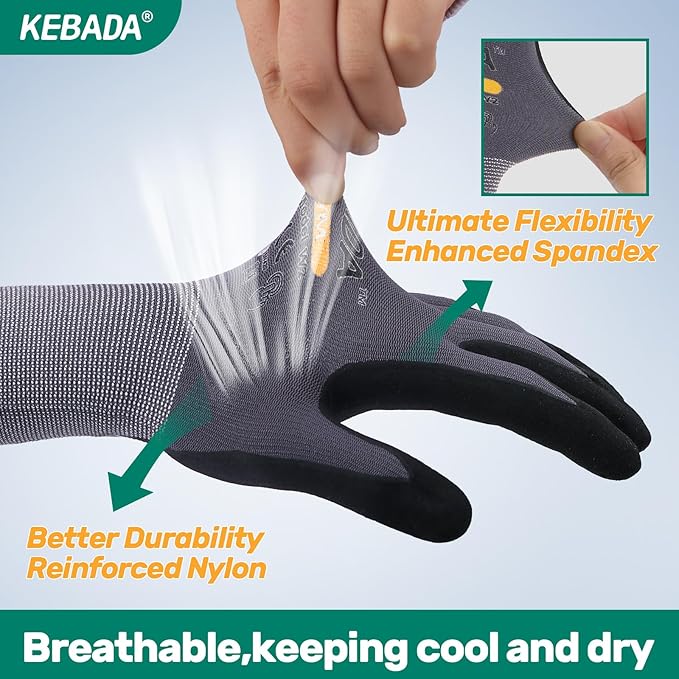 Kebada W2 Safety Work Gloves, Micro-Foam Nitrile Coated Gloves, Touchscreen,Ideal for Package Handling, Gardening, Construction, 1 Pair Small