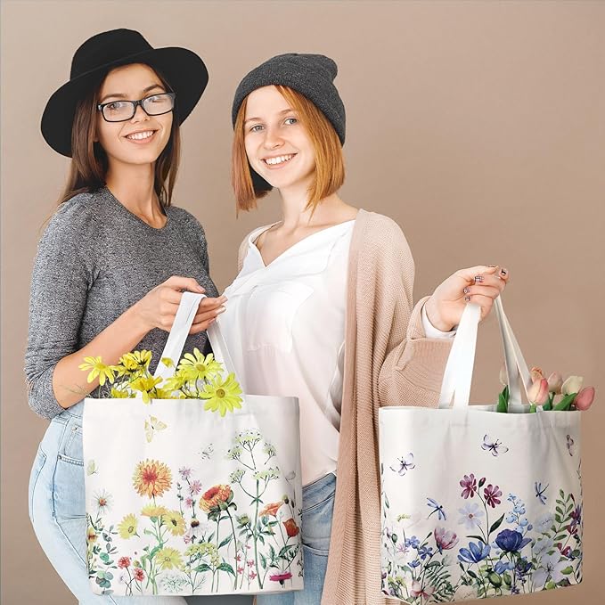 Bencailor 2 Pcs Spring Flower Canvas Tote Bags Reusable Wildflowers Herbs Plant Grocery Bags for Women Shopping Spring Gifts(Stylish)