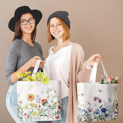 Bencailor 2 Pcs Spring Flower Canvas Tote Bags Reusable Wildflowers Herbs Plant Grocery Bags for Women Shopping Spring Gifts(Stylish)