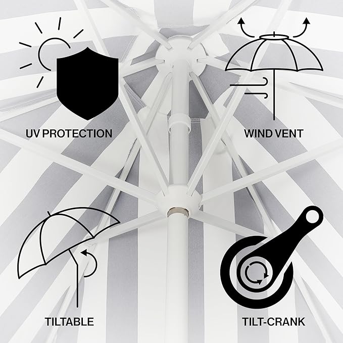 JONATHAN Y UMB1001 Collins 9 ft. Classic Cottage Tassel Market Patio Umbrella with Auto-Tilt, Crank, Wind Vent and UV Protection