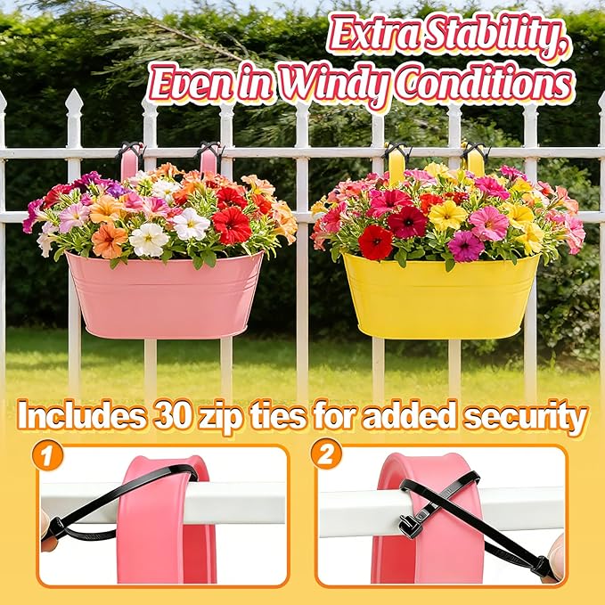 MADHOLLY Railing Planter with Drainage Holes - Sturdy Bucket Pots for Railing Fence, Countryside Style Metal Flower Pots for Herbs Balcony Garden Yard Decor, 4Pcs, Colorful