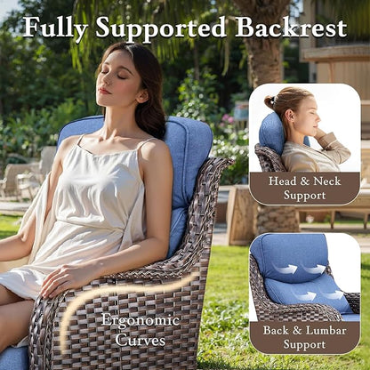 Luxury High Back Outdoor Furniture with 6-inch Extra Thick Cushions, Patio Furniture Set with Swivel Chairs, 8 PCS Wicker Conversation Set for Yard, Deck, Poolside, Brown/Blue