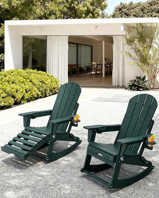 Adirondack Rocking Chairs Set of 8 with Retractable Ottoman, All Weather Folding Adirondack Chair with Two Cup Holders, Adirondack Outdoor Rocking Chairs for Porch, Patio, Balcony. Dark Green