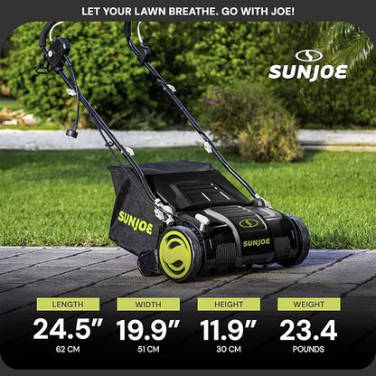 Sun Joe 15-Inch Electric Powered Lawn Dethatcher with Scarifier Blade Reel and Collection Bag - 13-Amp Corded Yard Power Rake Tool Machine for Grass Thatch Removal, AJ805E
