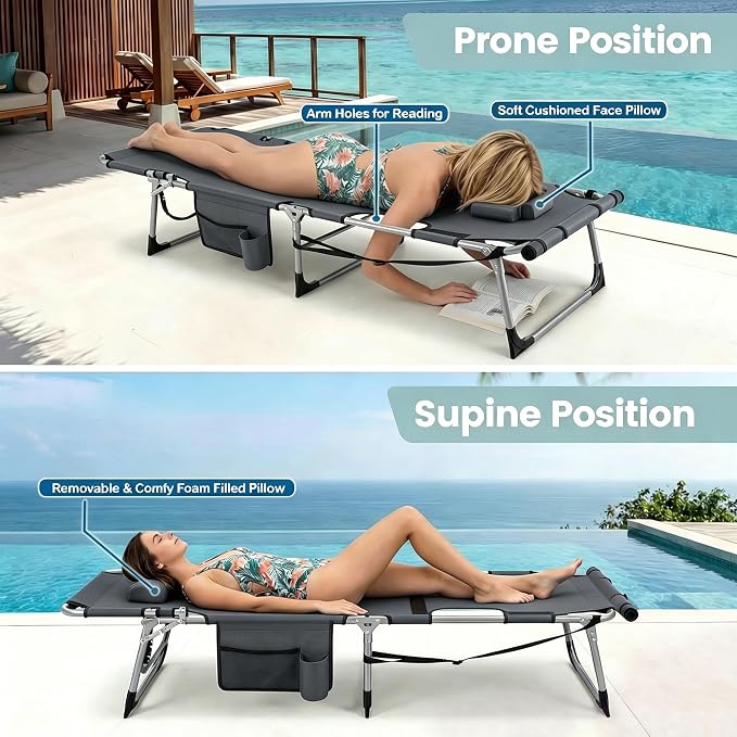 Giantex Set of 2 Tanning Chair, 5-Position Adjustable Beach Chair with Face & Arm Hole, Hand/Shoulder Strap, Removable Pillow, Side Pocket, Load 330 Lbs, Sunbathing Chairs, Lounge Chairs Outdoor, Grey