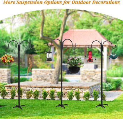 FEED GARDEN Heavy Duty Shepherds Hook 108" Double Hooks Adjustable (44/60/76/92/108") - Metal 5-Prong Base, 12lb Capacity - Easy Assembly Bird Feeder Pole for Hanging Planters, Lanterns, Wind Chimes