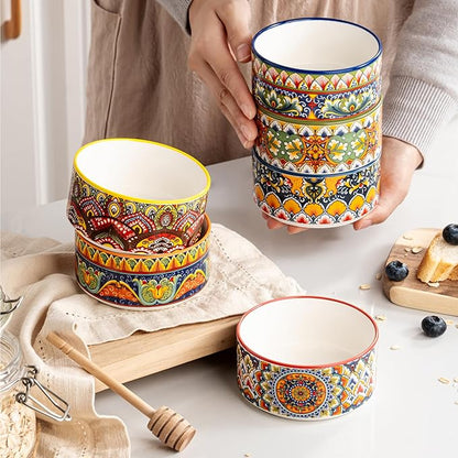 Henten Home Ceramic Ramekins Set Oven Safe, Colorful Creme Brulee Ramekins Set of 6, Boho Baking Cups for Cake, Pudding, Souffle, Ice Cream, Snack, Dipping, Microwave & Dishwasher Safe(4 oz)