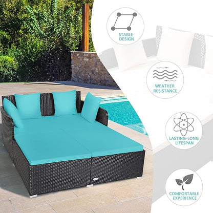 COSTWAY Outdoor Patio Rattan Daybed, Sponge Cushioned Loveseat Sofa with 4 Pillows, Wicker Furniture Sunbed for Balcony, Courtyard (Turquoise)