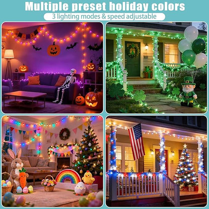 LitHome 100 LED Solar Christmas String Lights Outdoor, 33FT 34Colors Changing Solar/USB Red White Blue Lights Waterproof with Remote, 102 Modes 4th of July Light for Tree Garden Party Holiday Decor