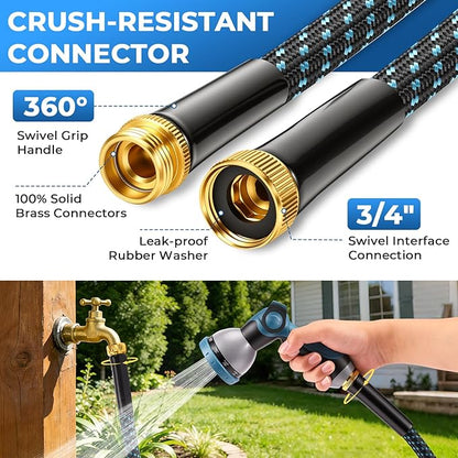 Non-Expandable Garden Hose – Ultra Lightweight & Leak-Proof Kink-Free Water Hose with 10-Function Spray Nozzle – Wear-Resistant Hybrid Hose for Yard, Lawn, Car Wash & Outdoor Use – 100 ft
