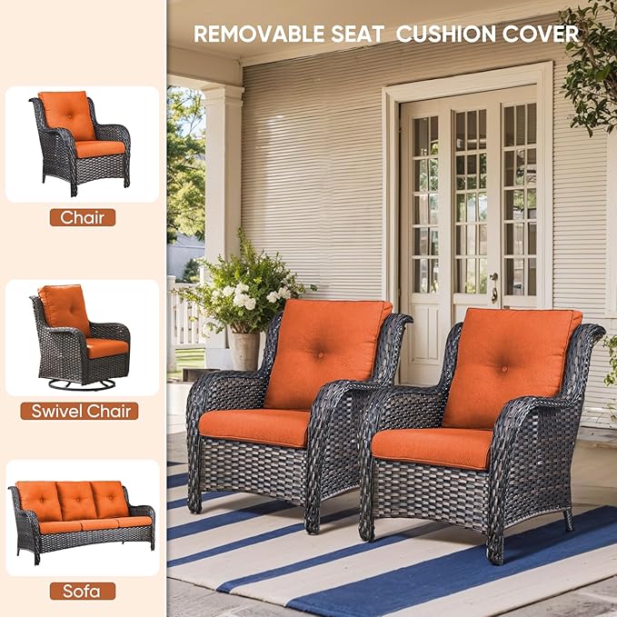 8-Piece Outdoor Patio Cushion Set - Fade & Water Resistant with Removable Olefin Cover, 22x24x4 Inch Memory Foam Cushions for Wicker Sectional Sofa – Orange/Buckle