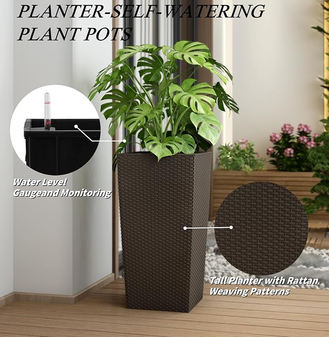 30in Tall Planter, Self Watering Pots for Indoor/Outdoor Plants with Drain Holes, Water Level Monitor, Inner Bucket for Front Porch Patio, Brown Large(1 Set)