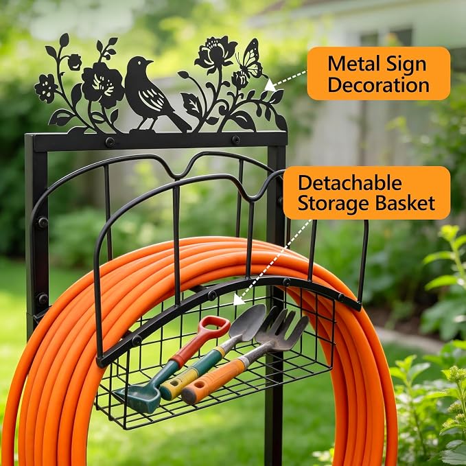 Garden Hose Holder with Metal Decor Signs, Adjustable Height Stable Water | Hose Reel Holders with Holds 150 ft Pipe, Storage Hanger Basket Rack Freestanding Decorative Stand for Outdoor Yard Lawn Farm