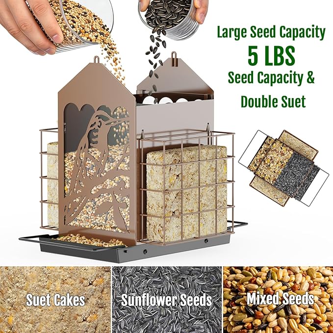 Birdream Bird Feeders for Outdoors, 5 Lbs Metal Bird Feeder with Double Suet Cages, 2 in 1 Mixed Seeds Suet Feeder, Large Capacity & Weatherproof Metal Roof, Attract Cardinals Wildbird Woodpecker