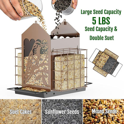 Birdream Bird Feeders for Outdoors, 5 Lbs Metal Bird Feeder with Double Suet Cages, 2 in 1 Mixed Seeds Suet Feeder, Large Capacity & Weatherproof Metal Roof, Attract Cardinals Wildbird Woodpecker