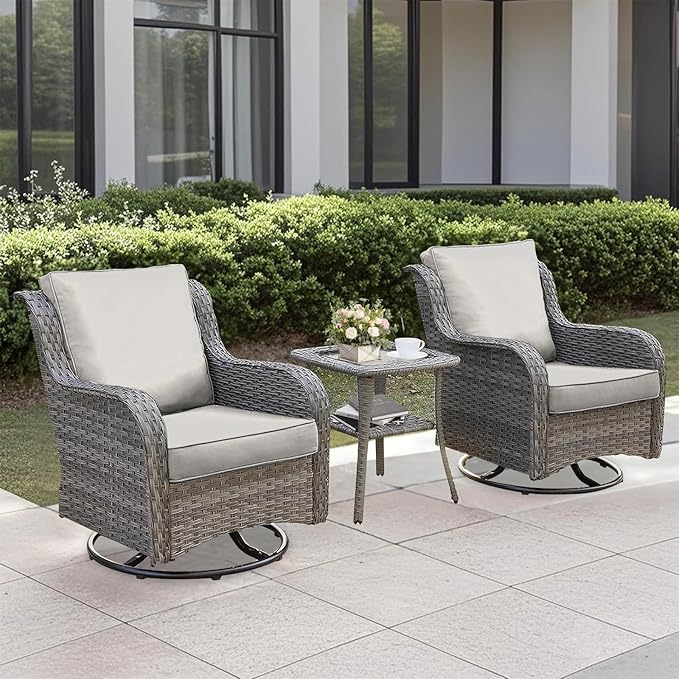 3 Pieces Patio Furniture Conversation Set PE Rattan Wicker Outdoor Swivel Glider Rocker Chairs of 2, Soft Thick Washable Cushion Side Coffee Table for Yard Backyard Deck Porch (Grey/Beige)