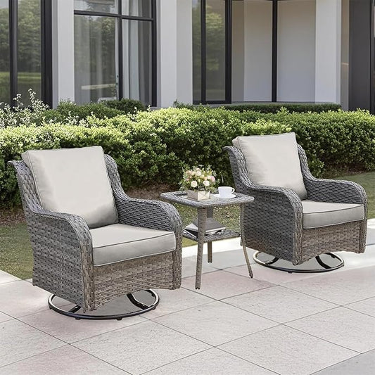 3 Pieces Patio Furniture Conversation Set PE Rattan Wicker Outdoor Swivel Glider Rocker Chairs of 2, Soft Thick Washable Cushion Side Coffee Table for Yard Backyard Deck Porch (Grey/Beige)