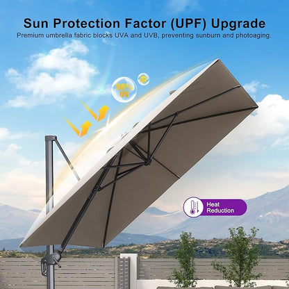 PURPLE LEAF 10' X 13' Rectangle Cantilever Umbrella with Base Outdoor Large Aluminum Patio Umbrella with 3-Year Fade Resistance Recycled Fabric and 360-degree Rotation for Deck Pool Garden, Ash Mocha