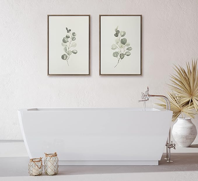 Kate and Laurel Sylvie Eucalyptus 4a & Eucalyptus 4b Framed Canvas Wall Art Set by Maja Mitrovic of Makes My Day Happy, 2 Piece 23x33 Gray, Simple Plant Art Set Wall Décor