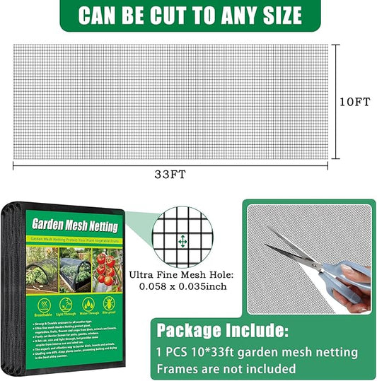 10 X 33 FT Thicker Garden Mesh Netting Pest Barrier for Raised Beds, Black Fruit Tree Netting for Cicadas, Bird Insect Blueberry Bush Strawberry Netting Cover for Garden Protection, Shading Rate 30%