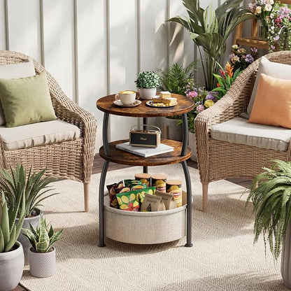 Round Side Table with Storage Basket for Living Room Rustic Brown | Small Table for Small Space 3-Tier Side Table for Bedroom, Garden, Sofa Couch Table Bedside Nightstand, Rustic Brown