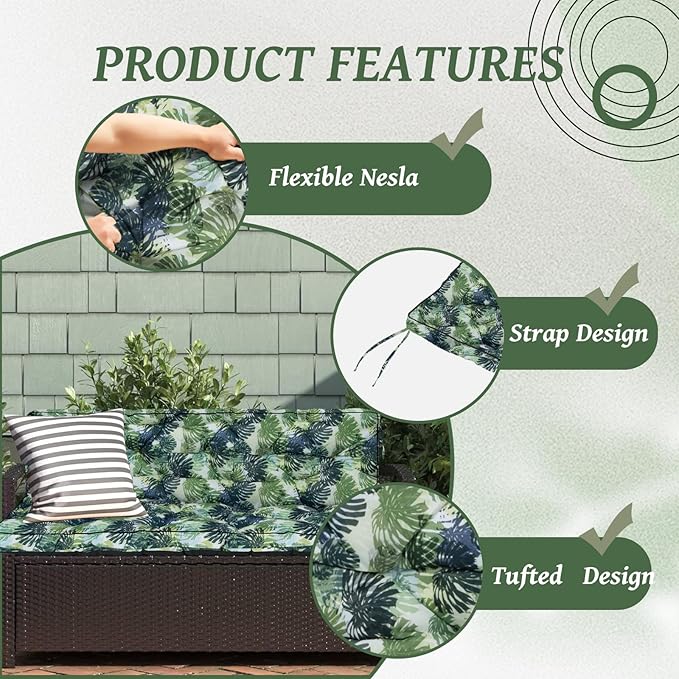 2/3 Seater Swing Replacement Cushion, Waterproof Porch Swing Cushions with Backrest, Thickened Bench Cushions for Outdoor Furniture, for Outdoor Patio Swing (Palm Leaves, 63 * 40in)