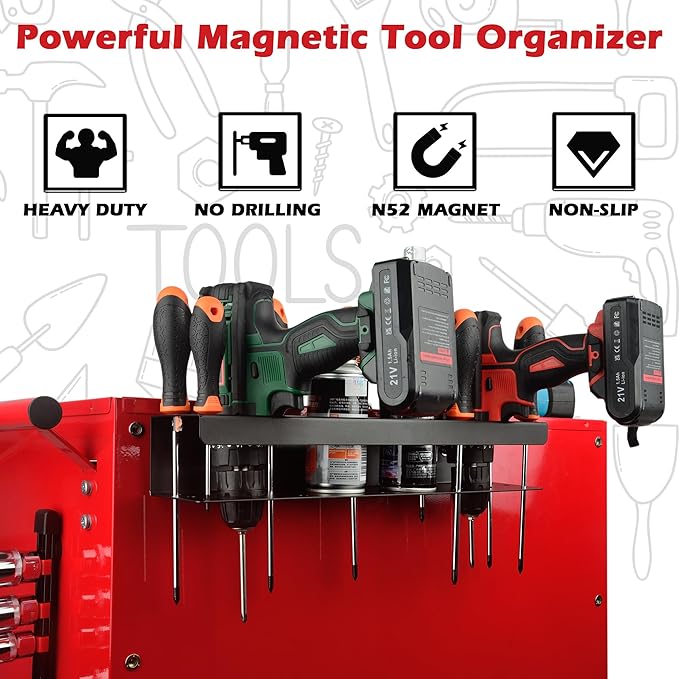 ULIBERMAGNET Power Tool Organizer Rack,Magnetic Heavy Duty Drill Holder,Wall Mount Metal Tool Rack with Screwdriver,Cordless Drill,Screw,Nail Storage,Utility Rack for Warehouse,Garage,Toolbox
