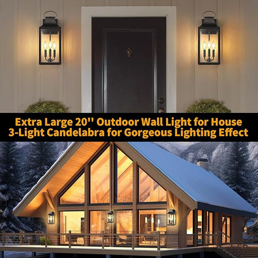 20" Extra Large Outdoor Wall Light, Black Exterior Lighting Fixtures with 3-Light, Waterproof Wall Mount Porch Lantern, Modern Outside Wall Sconce Garage Coach Light with Clear Glass, E12, 1 Pack