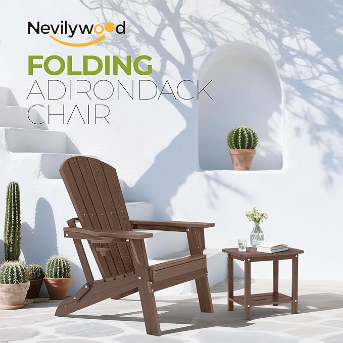 nevilywood Folding Adirondack Chair with Cup Holder Set of 4, HDPE Patio Chairs,All-Weather Outdoor Chairs for Backyard, Deck,Fire Pit-Coffee