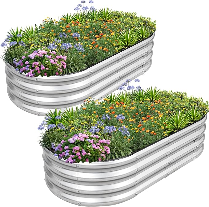 1MORE Galvanized Raised Garden Bed- Planter Garden Boxes Outdoor, Raised Beds for Gardening, 4x2x1ft Metal Garden Bed Kit for Vegetables Flower, Planter Raised Beds with Tools.Silver-2pack