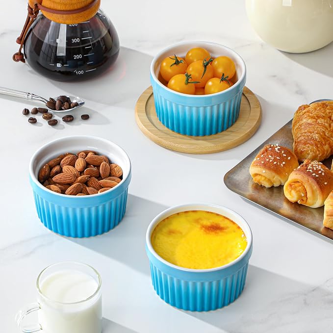MALACASA Ramekins 8 oz Oven Safe, Large Ceramic Souffle Dishes for Baking & Serving, Stoneware Custard Cups Ramekin for Creme Brulee, Baking Bowls Set of 6, Blue, Series RAMEKIN-DISH