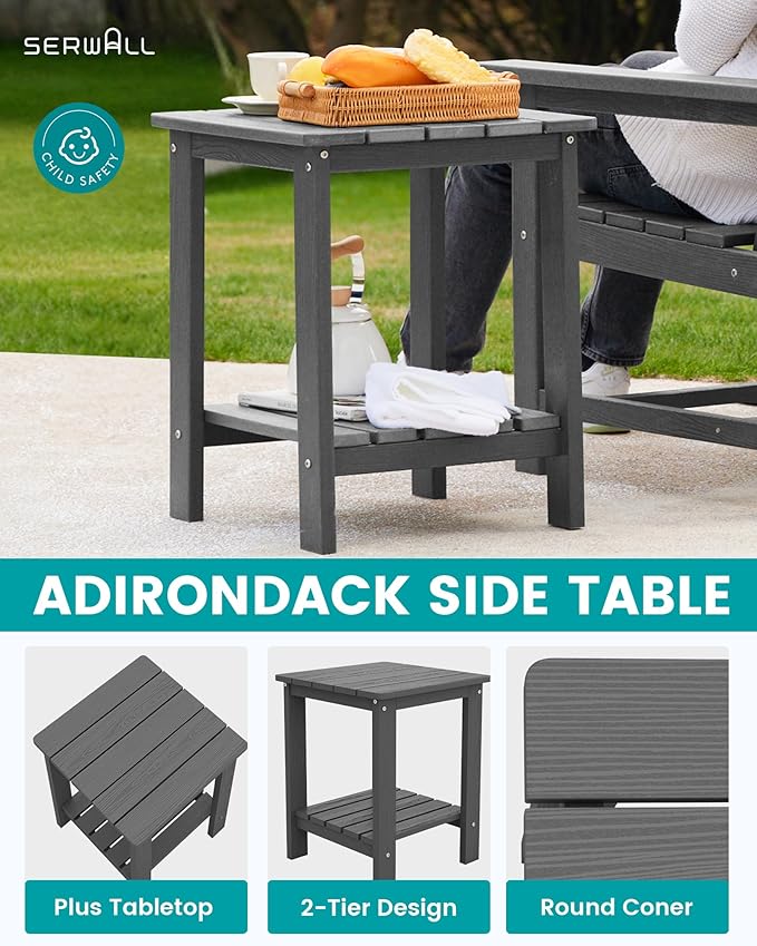 SERWALL Patio Furniture Set, HDPE Material All Weather Use Adirondack Chair Set with Side Table for Balcony, Porch, Garden, Backyard- Gray