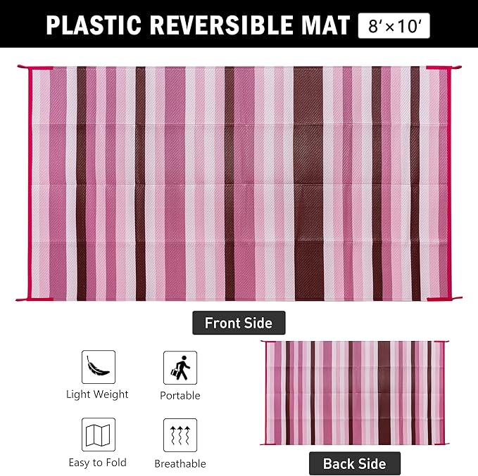 HUGEAR Outdoor Waterproof Rug 8'x10' Plastic Straw Rugs Washable Reversible Floor Mat Pink Stripe Carpet for Camping RV Deck Entryance Porch Picnic Balcony Beach Backyard