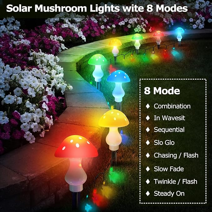 Upgraded Outdoor Solar Garden Lights, 8 Pack 50 LED Mushroom Outdoor 8 Modes 23ft Waterproof Solar Powered Landscape Cute Fairy String Light for Yard Patio Outside Decor（Multicolor）
