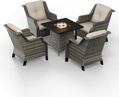 5-Piece Wicker Patio Furniture Set, 4 Armchairs and 1 Fire Pit, Conversation Set with Cushions, Beige