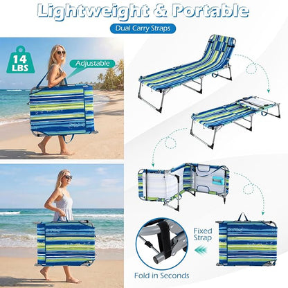 GYMAX Tanning Chair, 330LBS Beach Lounge Chair w/Face Arm Hole & Hand Shoulder Strap, Folding Layout Sunbathing Chair, Face Down Outdoor Chaise Lounger for Patio, Poolside, Backyard (2, Blue Stripe)