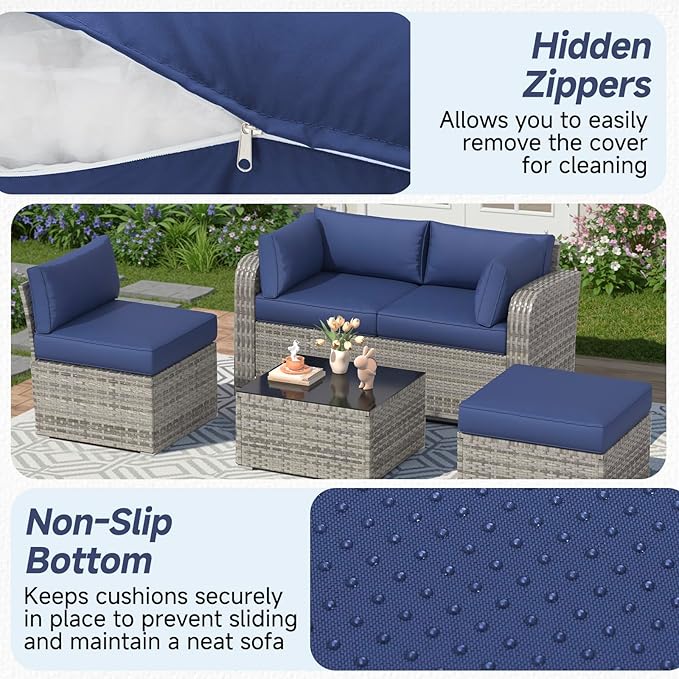 HOMREST Outdoor Sectional Cushions Set of 9, Waterproof Patio Furniture Cushions for 4-Seat Rattan Wicker Sofa, Deep Seat Couch Cushions with Non-Slip Bottom & Machine Washable Covers, Navy Blue