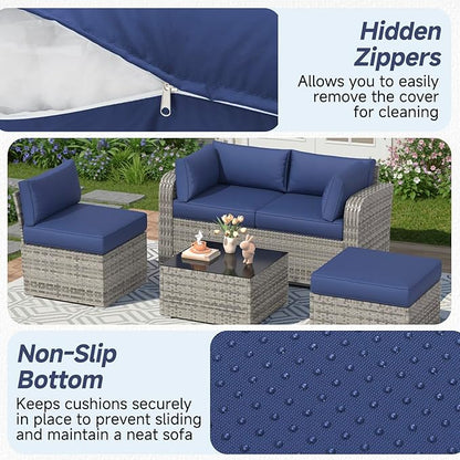 HOMREST Outdoor Sectional Cushions Set of 9, Waterproof Patio Furniture Cushions for 4-Seat Rattan Wicker Sofa, Deep Seat Couch Cushions with Non-Slip Bottom & Machine Washable Covers, Navy Blue